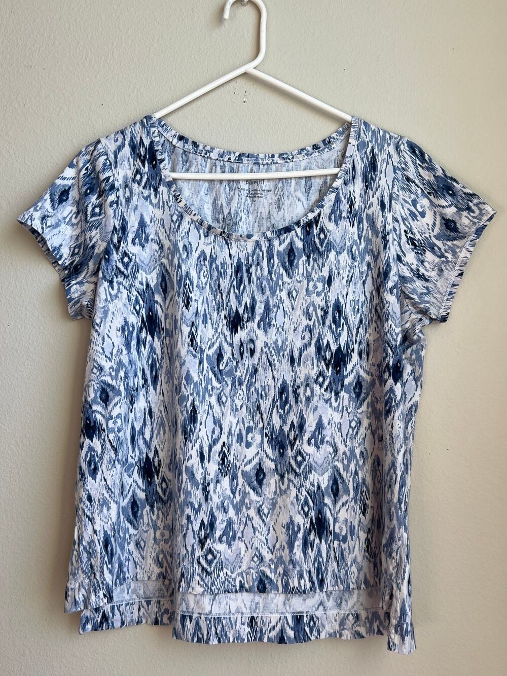 Pure Jill Size Medium Blue Ikat Pima Cotton High Low Split Hem Tee